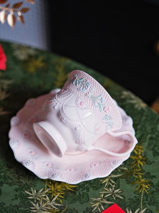 Elegant Pink Ceramic coffeecup and Saucer Set - Intricate Embossed Design